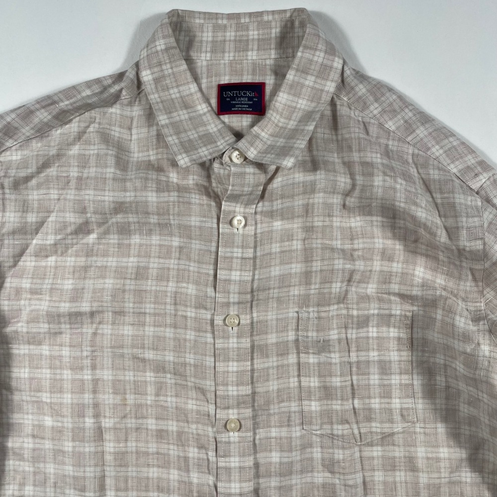 UNTUCKit Button Down Mens Large Linen Wrinkle Resistant Plaid Tan White